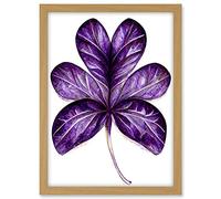 Wee Blue Coo Purple on White Six Clover Modern Simple Leaf Illustration Artwork Framed A3 Wall Art Print
