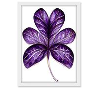 Wee Blue Coo Purple on White Six Clover Modern Simple Leaf Illustration Artwork Framed A3 Wall Art Print