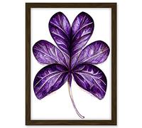 Wee Blue Coo Purple on White Six Clover Modern Simple Leaf Illustration Artwork Framed A3 Wall Art Print
