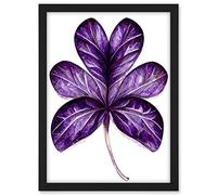 Wee Blue Coo Purple on White Six Clover Modern Simple Leaf Illustration Artwork Framed A3 Wall Art Print