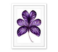 Wee Blue Coo Purple On White Six Clover Modern Simple Leaf Illustration Artwork Framed Wall Art Print 18X24 Inch