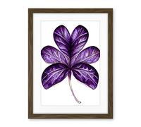 Wee Blue Coo Purple On White Six Clover Modern Simple Leaf Illustration Artwork Framed Wall Art Print 18X24 Inch