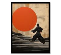 Wee Blue Coo Qigong Sunset Shaolin Monk Practicing Movement Meditation Exercises Amber Orange Grey Oil Painting Artwork Framed Wall Art Print 18X24 Inch