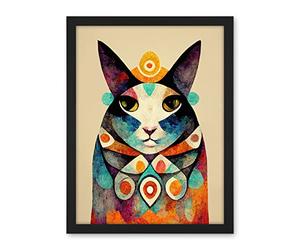 Wee Blue Coo Quirky Boho Abstract Modern Shaman Guru Cat Artwork Framed Wall Art Print 18X24 Inch