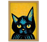Wee Blue Coo Quirky Bold Black Cat Yellow Blue Artwork Framed A3 Wall Art Print