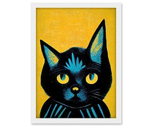 Wee Blue Coo Quirky Bold Black Cat Yellow Blue Artwork Framed A3 Wall Art Print