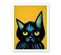 Wee Blue Coo Quirky Bold Black Cat Yellow Blue Artwork Framed Wall Art Print 18X24 Inch