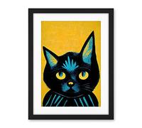 Wee Blue Coo Quirky Bold Black Cat Yellow Blue Artwork Framed Wall Art Print 18X24 Inch