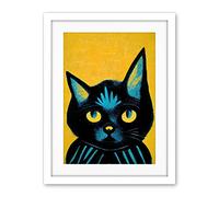 Wee Blue Coo Quirky Bold Black Cat Yellow Blue Artwork Framed Wall Art Print 18X24 Inch