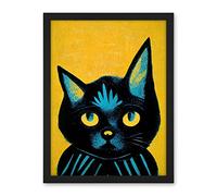 Wee Blue Coo Quirky Bold Black Cat Yellow Blue Artwork Framed Wall Art Print 18X24 Inch