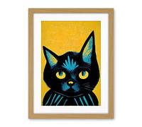 Wee Blue Coo Quirky Bold Black Cat Yellow Blue Artwork Framed Wall Art Print 18X24 Inch