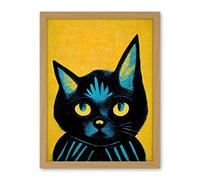 Wee Blue Coo Quirky Bold Black Cat Yellow Blue Artwork Framed Wall Art Print 18X24 Inch