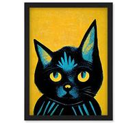 Wee Blue Coo Quirky Bold Black Cat Yellow Blue Artwork Framed Wall Art Print A4