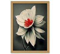 Wee Blue Coo Realistic Greyscale Macro Flower Floral Bloom with Orange Red Stamen Artwork Framed Wall Art Print A4