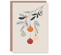 Wee Blue Coo Red Berry Mistletoe Baubles Simple Graphic Xmas Blank Christmas Card in Light Grey Wee Blue Coo Light Grey