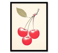 Wee Blue Coo Red Smudge Cherries on Stem with Leaf Bright Pink Alabaster Green Retro Kitchen Painting Artwork Framed Wall Art Print A4