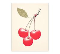 Wee Blue Coo Red Smudge Cherries on Stem with Leaf Bright Pink Alabaster Green Retro Kitchen Painting Extra Large XL Wall Art Poster Print