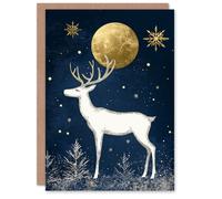 Wee Blue Coo Reindeer Winter Forest Full Moon Gold Elegant Xmas Christmas Card in Dark Navy Wee Blue Coo Dark Navy