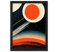 Wee Blue Coo Retro Boho Space Starscape Abstract Mid Century Style Navy Teal Orange Cream Artwork Framed Wall Art Print A4