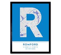 Wall Art Print Romford England United Kingdom City Map Modern Typography Stylish Letter Framed Word Wee Blue Coo Blue W12 inch x H16 inch