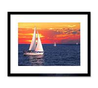 Wee Blue Coo SAILBOATS SUNSET PINK SKY SEA BLACK FRAME FRAMED ART PRINT PICTURE B12X9280