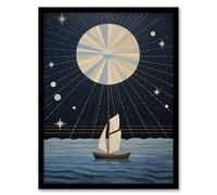 Wee Blue Coo Sailing Into The Moonlight Boat in Full Moon Seascape Blue Tan Oil Painting Artwork Framed Wall Art Print 18X24 Inch
