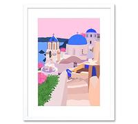 Wee Blue Coo Santorini Greece Buildings Illustration Artwork Framed Wall Art Print 9X7 Inch