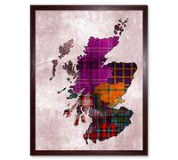 Wee Blue Coo Scotland Map Tartan Regions Art Print Framed Poster Wall Decor 12x16 inch