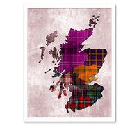 Wee Blue Coo Scotland Map Tartan Regions Art Print Framed Poster Wall Decor 12x16 inch