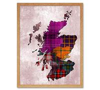 Wee Blue Coo Scotland Map Tartan Regions Art Print Framed Poster Wall Decor 12x16 inch