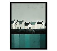 Wee Blue Coo Scottish Harbour Morning Grey Sky Quiet Sea Town Teal Blue Grey Oil Painting Artwork Framed Wall Art Print A4