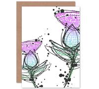 Wee Blue Coo Scottish Thistle Head Flowers Ink Drip Design Scotland Greetings Card