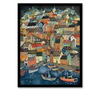 Wee Blue Coo Seaside Town Port Folk Art Watercolour Painting Colourful Coastal Townscape Artwork Framed Wall Art Print 18X24 Inch