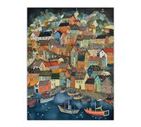Wee Blue Coo Seaside Town Port Folk Art Watercolour Painting Colourful Coastal Townscape Extra Large XL Wall Art Poster Print
