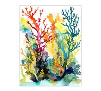 Wee Blue Coo Seaweed and Corals Watercolour Artwork Vibrant Orange Red Blue Seascape of Aquatic Plants Large Wall Art Poster Print Thick Paper 18X24 Inch