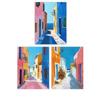 Set of 3 Prints Colourful Village Sea Greek Spanish Poster Art Wee Blue Coo Blue W12 inch x H16 inch