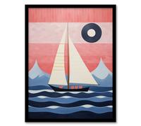 Wee Blue Coo Setting Sail Sailboat in Mountain Coastal Landscape Geometric Coral Pink Blue Oil Painting Artwork Framed Wall Art Print A4