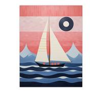 Wee Blue Coo Setting Sail Sailboat in Mountain Coastal Landscape Geometric Coral Pink Blue Oil Painting Extra Large XL Wall Art Poster Print