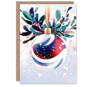 Wee Blue Coo Shiny Bauble Ornament Red Mistletoe Modern Festive Xmas Christmas Card in Light Grey Wee Blue Coo Light Grey