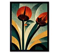 Wee Blue Coo Single Art Deco Flower Painting Coral Navy Green Beige Artwork Framed Wall Art Print 9X7 Inch