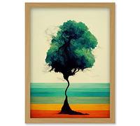 Single Lone Abstract Tree Colourful Bold Rainbow Striped Landscape Watercolour Illustration Artwork Framed Wall Art Print A4 Artery8 Light Oak One Size