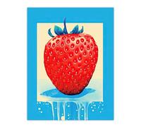 Wee Blue Coo Single Strawberry Fruit in Ice Frame Vibrant Blue Red Painting Large Wall Art Poster Print Thick Paper 18X24 Inch
