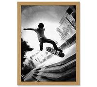 Wee Blue Coo Skateboarder Trick Black White Photo Artwork Framed Wall Art Print A4