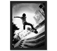 Wee Blue Coo Skateboarder Trick Black White Photo Artwork Framed Wall Art Print A4