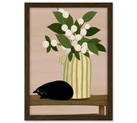 Wee Blue Coo Sleepy Black Cat with Olive Green Vase White Berries Artwork Framed A3 Wall Art Print