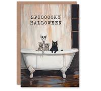 Wee Blue Coo Spooky Fun Black Cat and Skeleton Trick or Treat Haunted Scary Halloween Card Blank For All