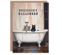 Wee Blue Coo Spooky Fun Black Cat & Skeleton Trick or Treat Scary Halloween Card in Off-White Wee Blue Coo Off-White