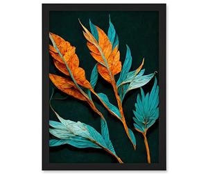 Wee Blue Coo Striking Modern Bright Teal and Orange Detailed Dried Leaves on Black Artwork Framed A3 Wall Art Print