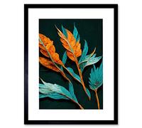 Wee Blue Coo Striking Modern Bright Teal And Orange Detailed Dried Leaves On Black Artwork Framed Wall Art Print 12X16 Inch