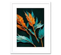 Wee Blue Coo Striking Modern Bright Teal And Orange Detailed Dried Leaves On Black Artwork Framed Wall Art Print 12X16 Inch